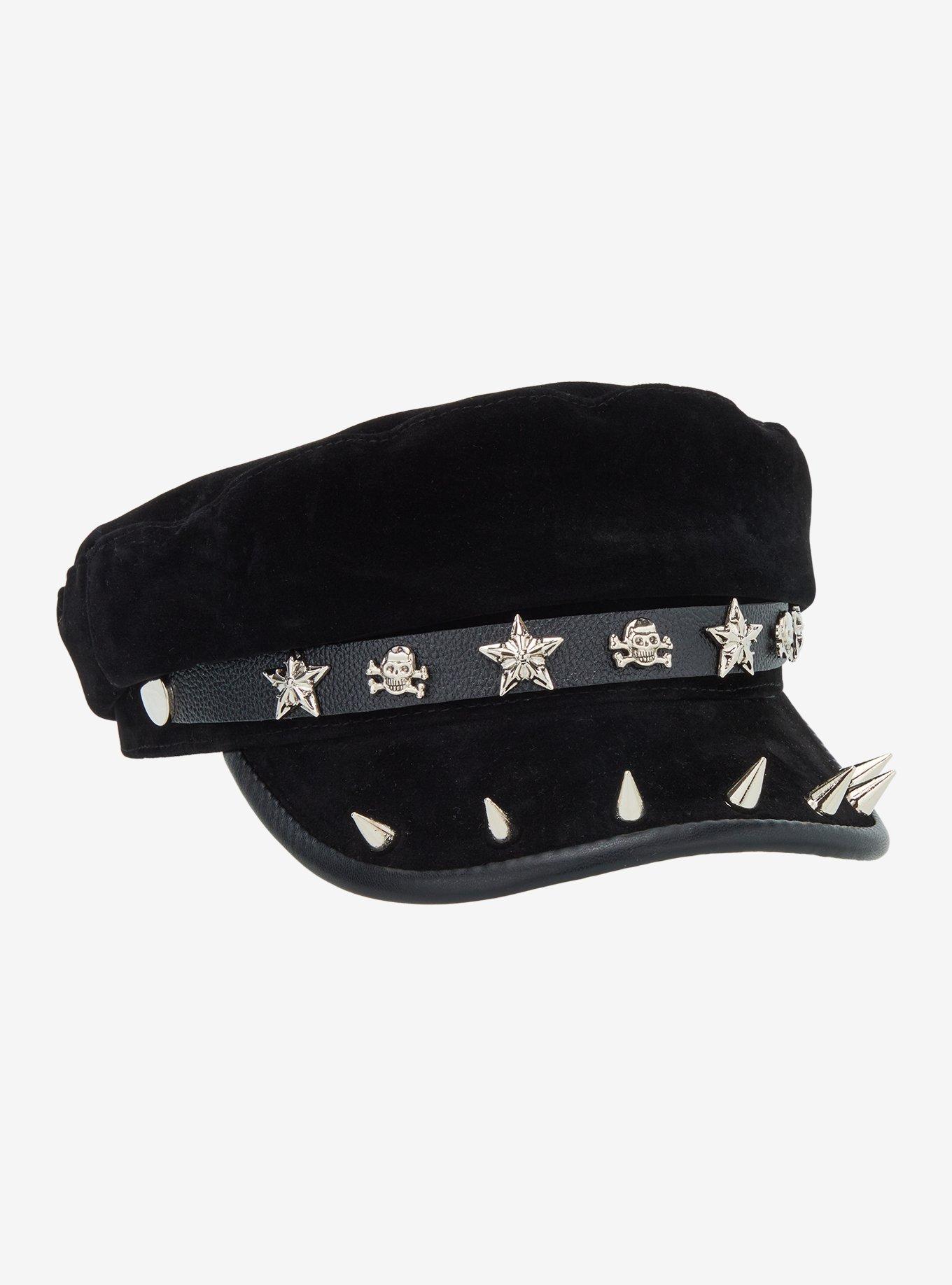 Black Skull Star Spike Cabbie Hat, , hi-res