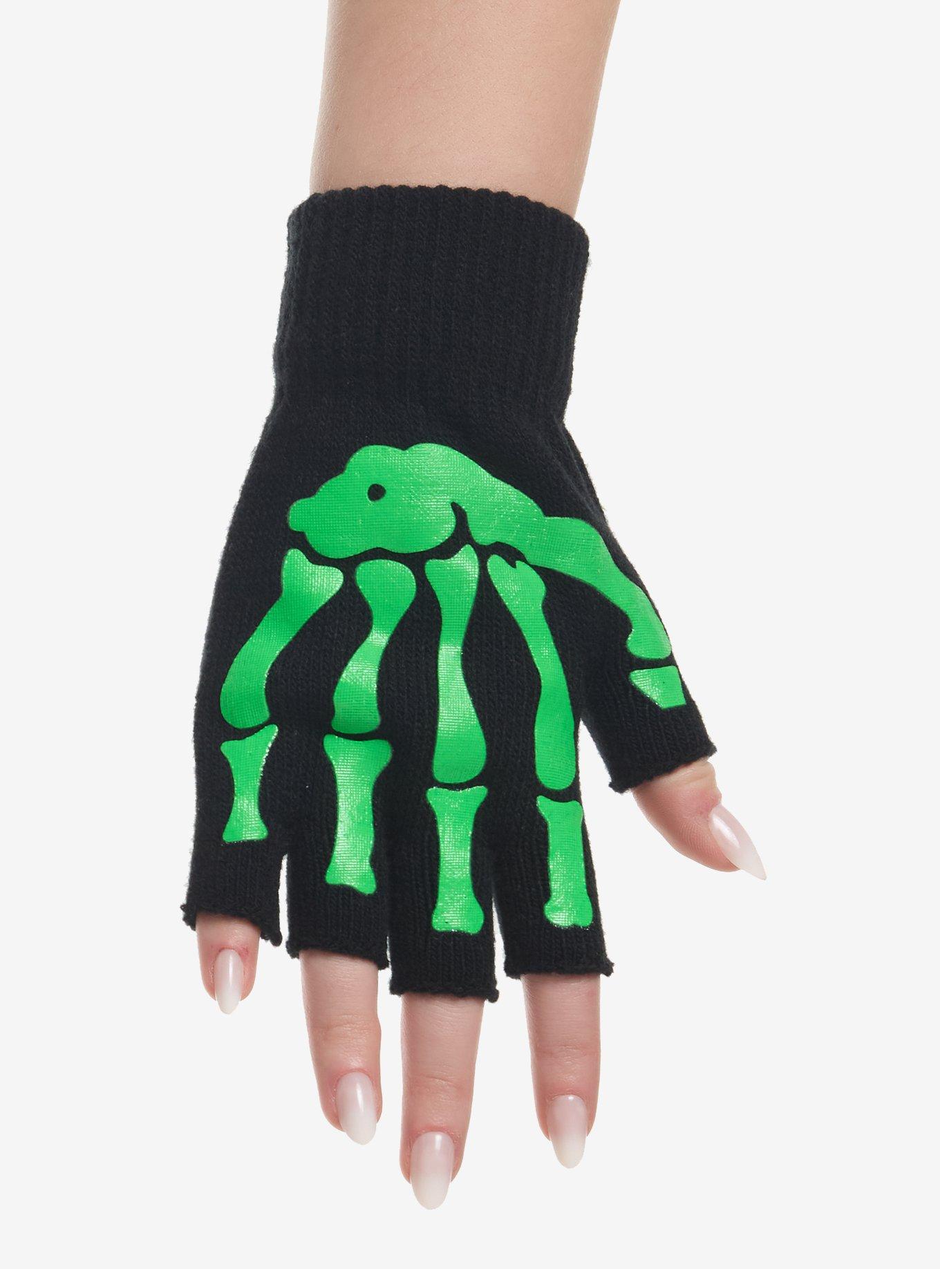 Black & Green Skeleton Glow-In-The-Dark Fingerless Gloves, , hi-res