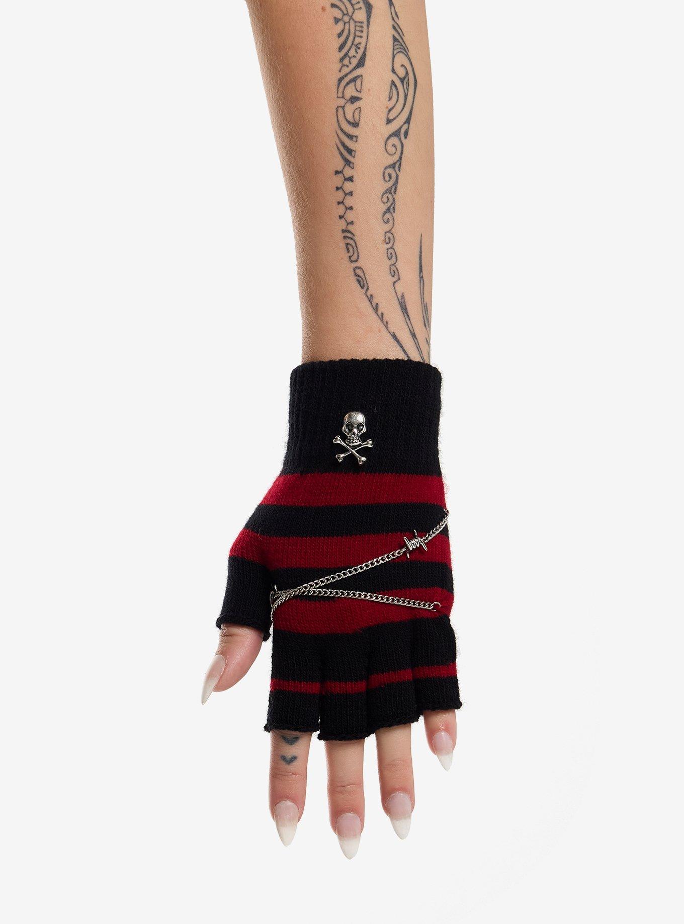 Black & Red Stripe Skull Chain Fingerless Gloves, , hi-res
