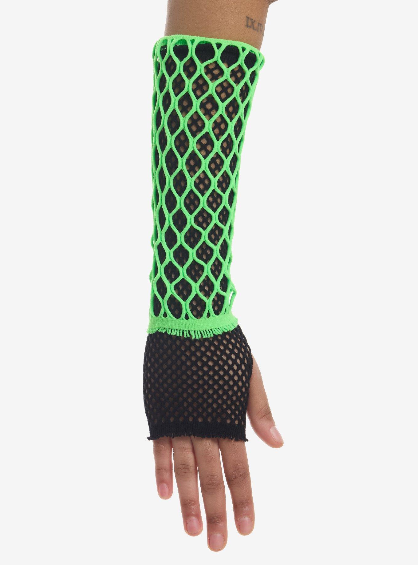 Black & Neon Green Layered Fishnet Arm Warmers, , hi-res