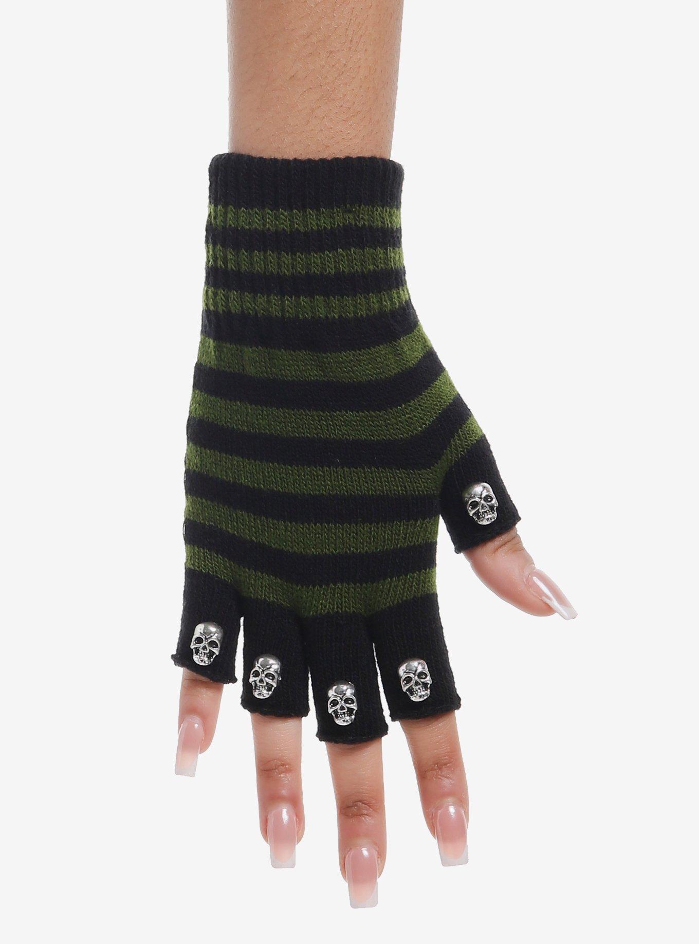 Green & Black Skull Enamel Fingerless Gloves, , hi-res