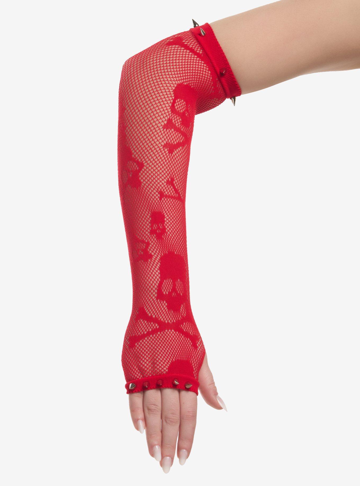 Red Skull & Crossbones Spike Fishnet Arm Warmers, , hi-res