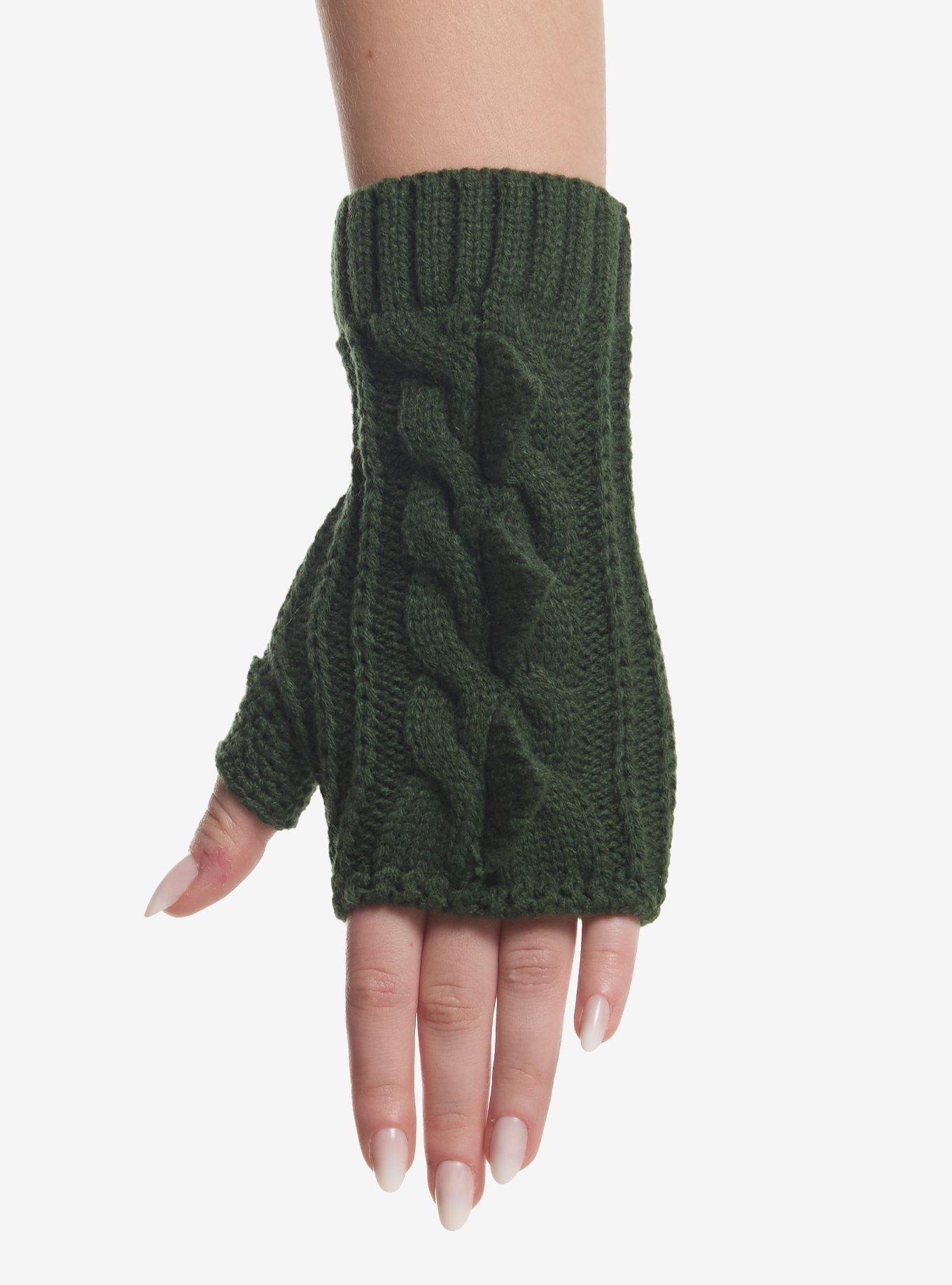 Green Cable Knit Dino Spike Fingerless Gloves, , hi-res