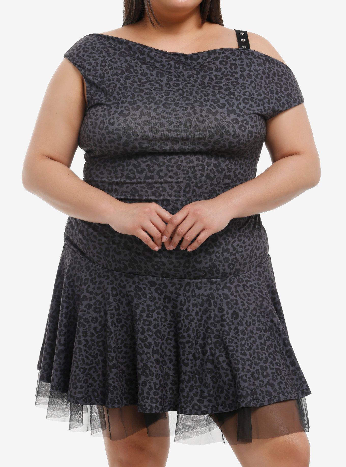 Social Collision Grey Leopard Cold-Shoulder Dress Plus Size, , hi-res