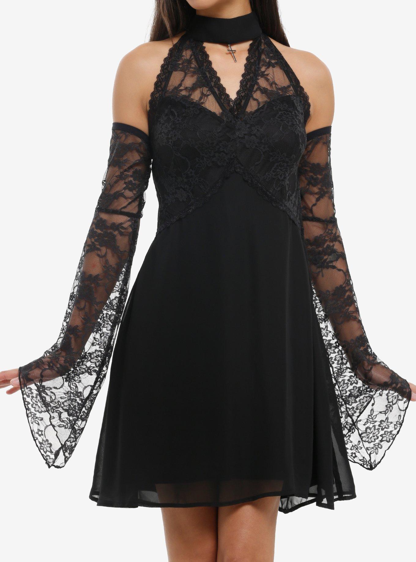 Cosmic Aura Black Lace-Sleeve Cold-Shoulder Dress, , hi-res