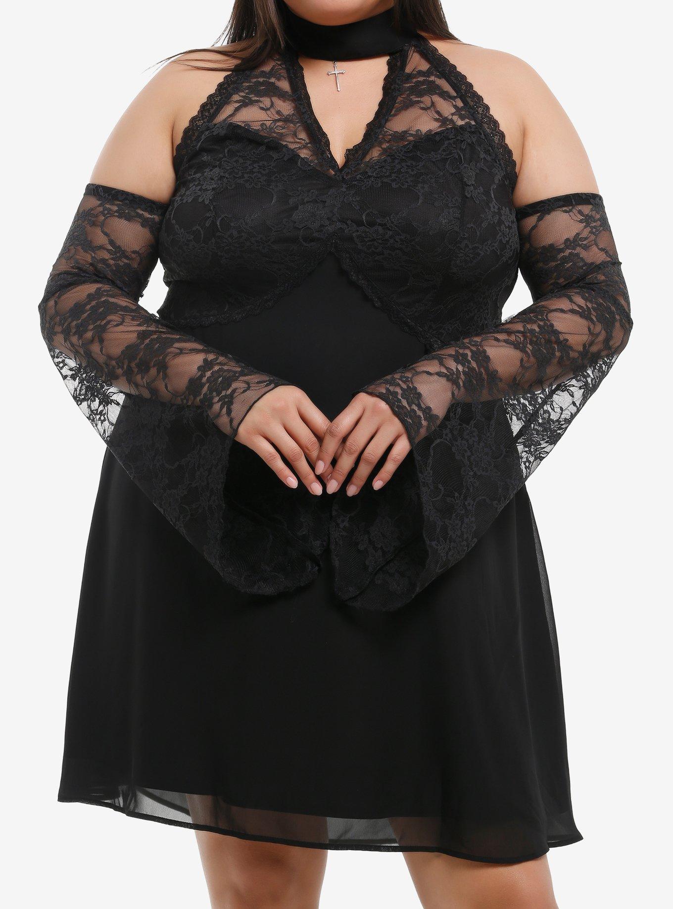 Cosmic Aura Black Lace-Sleeve Cold-Shoulder Dress Plus Size, , hi-res