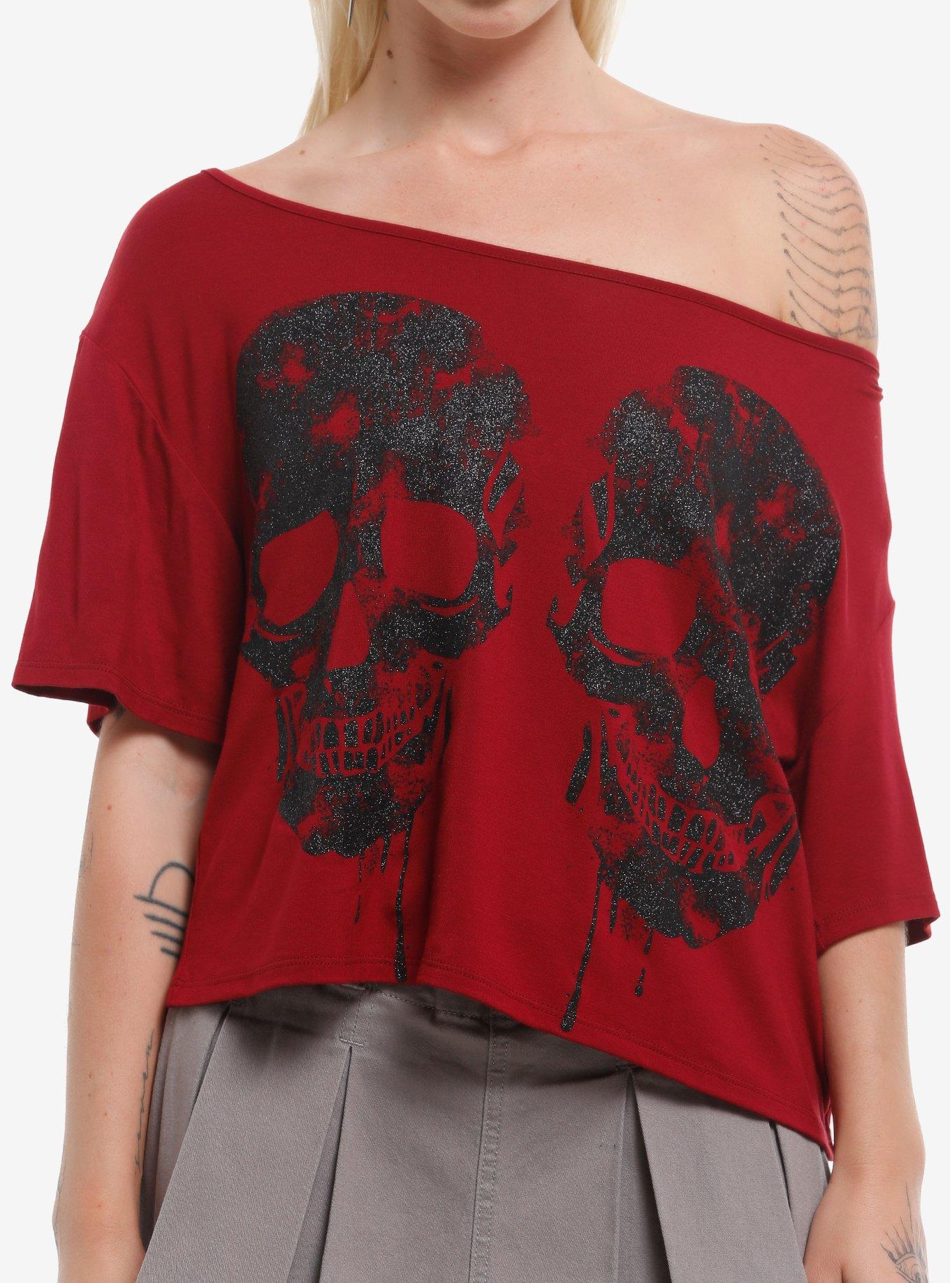 Maroon & Black Glitter Skull Off-Shoulder Girls T-Shirt, , hi-res