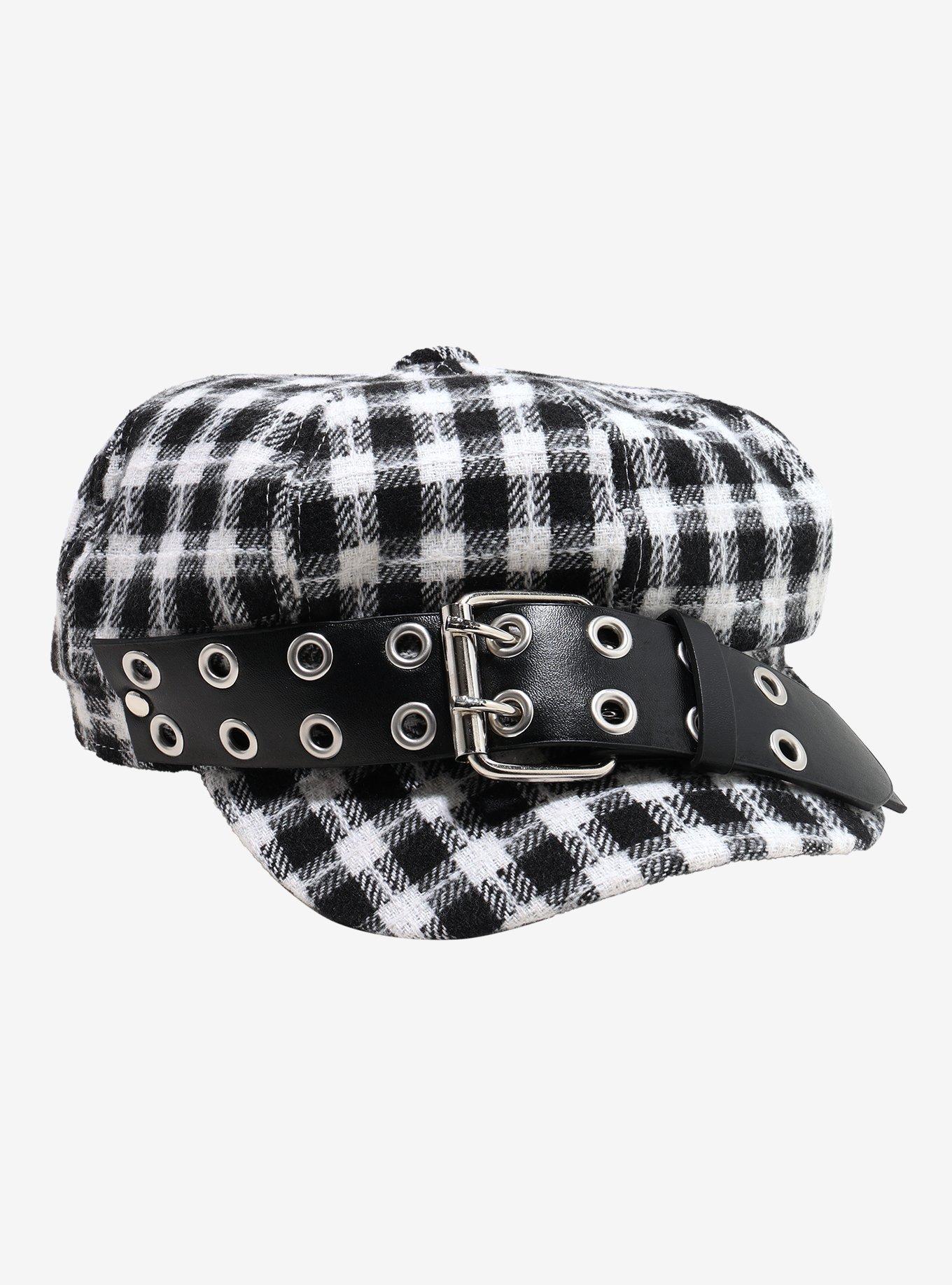 Black & White Plaid Grommet Buckle Cabbie Hat | Hot Topic