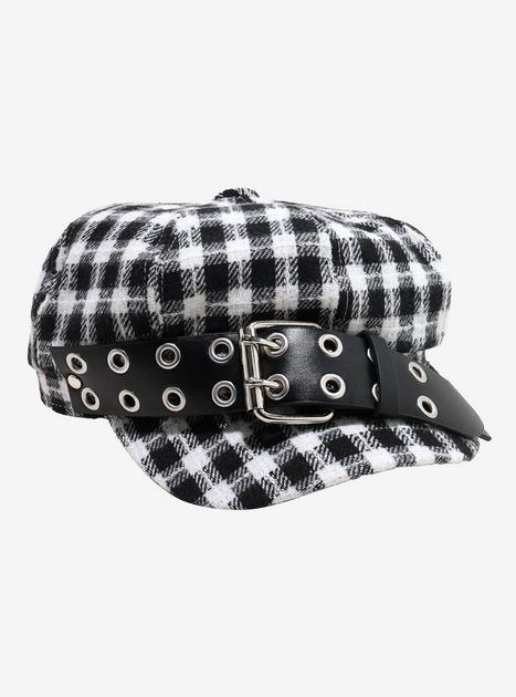 Black & White Plaid Grommet Buckle Cabbie Hat | Hot Topic display picture 2