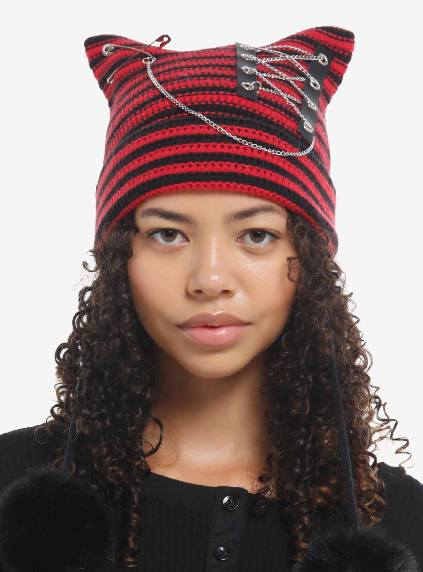 Red & Black Stripe Lace-Up Chain Tassel Beanie, , hi-res