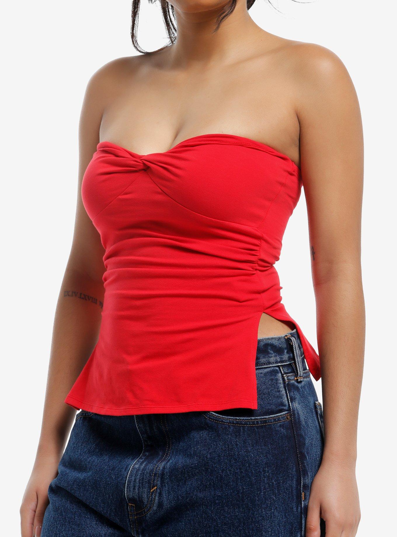Red Side Slit Girls Tube Top, , hi-res
