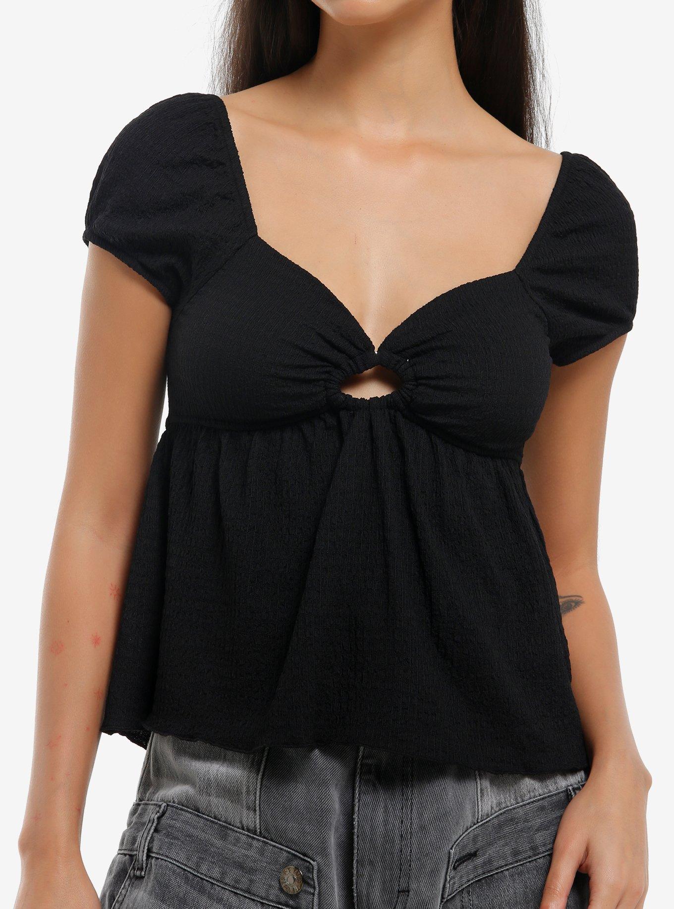Black Ruched Puff Sleeve Girls Top, , hi-res