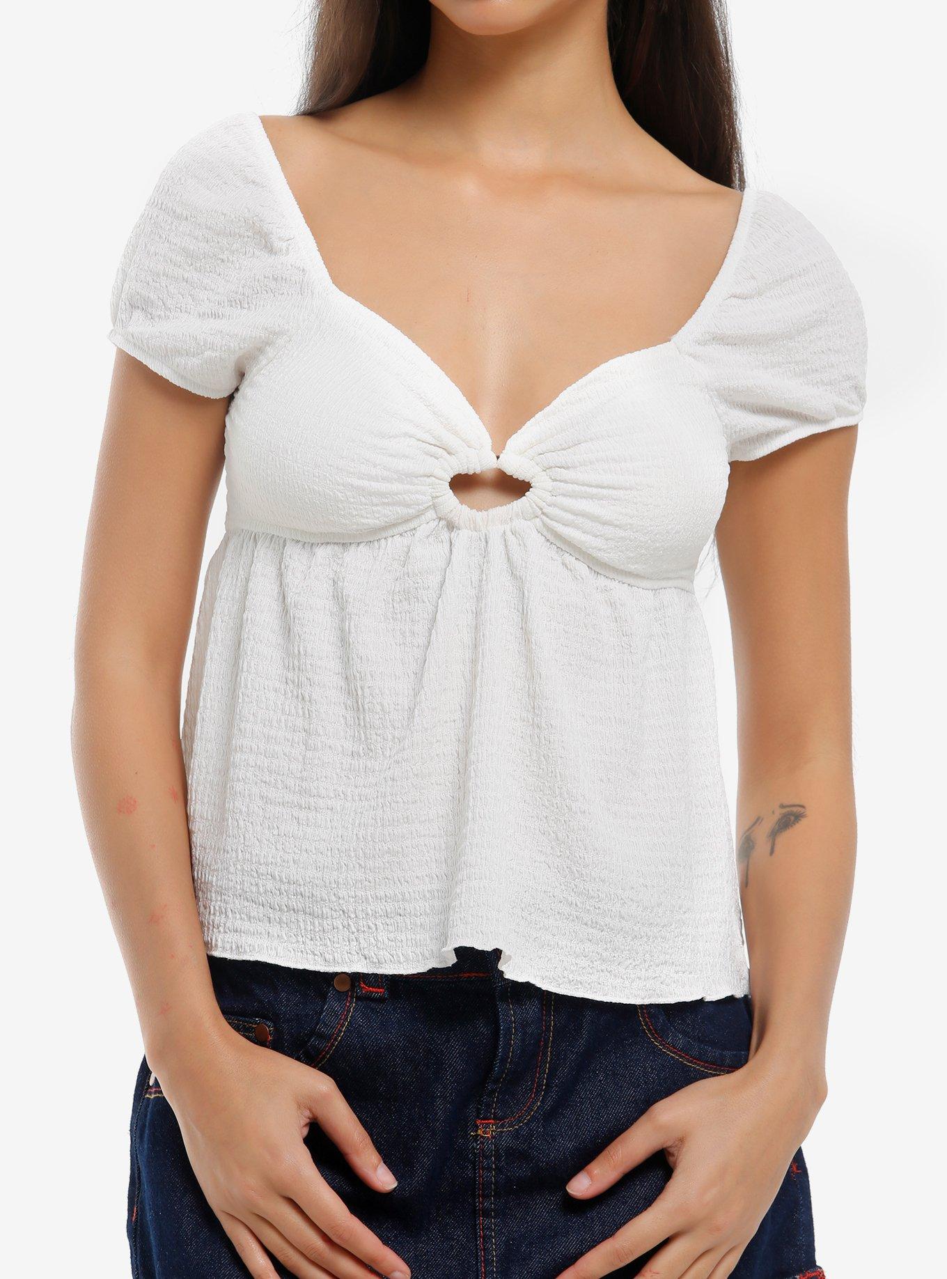 White Ruched Puff Sleeve Girls Top, , hi-res