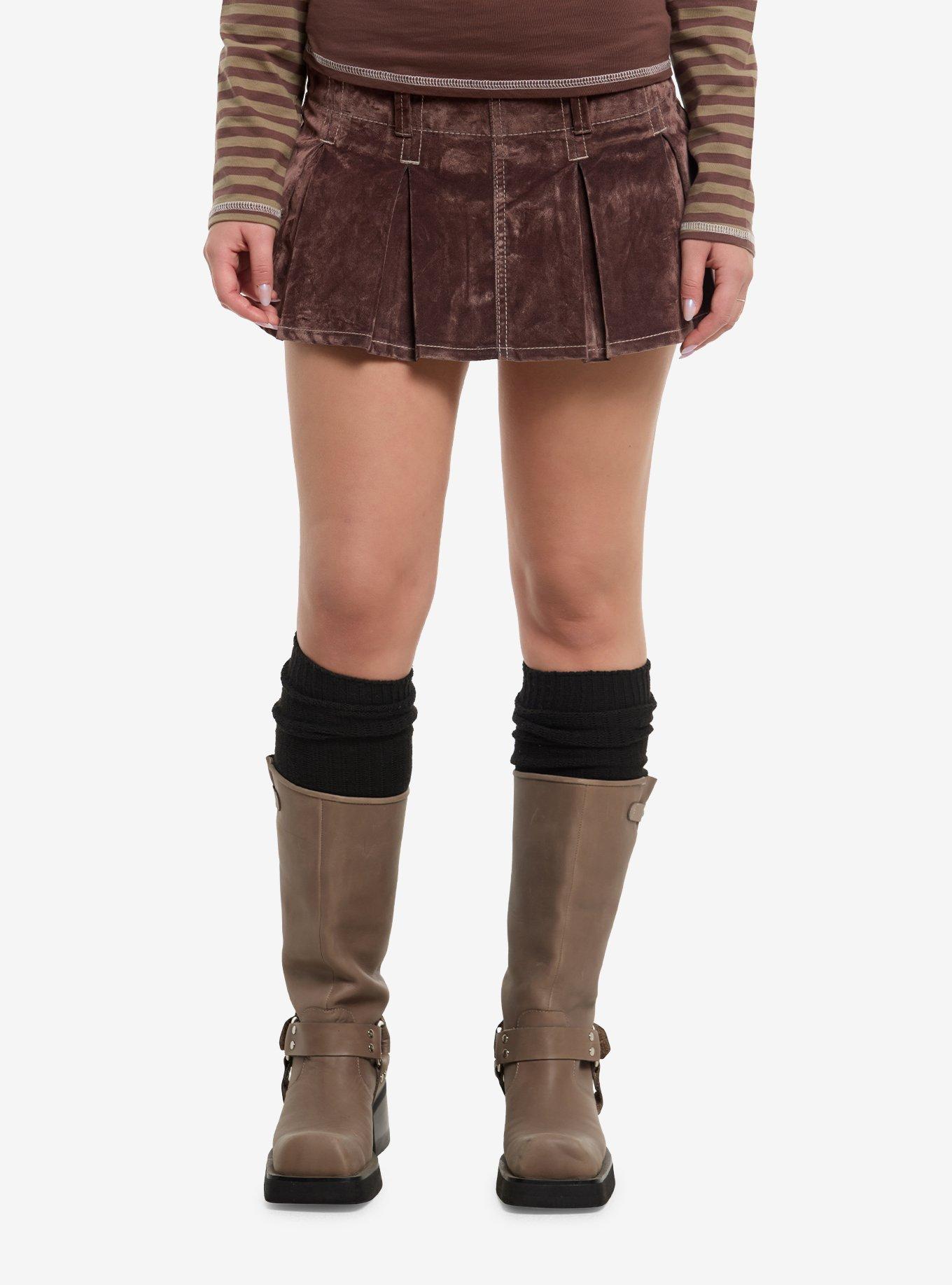 Brown Velvet Pleated Micro Skort, , hi-res
