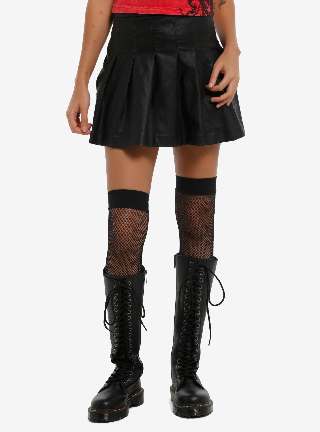Black Pleated Faux Leather Skirt, , hi-res