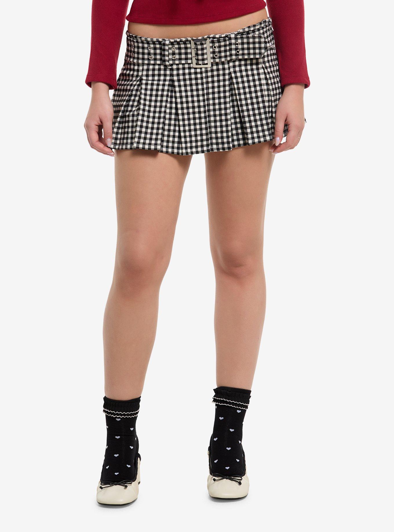 Black & White Gingham Buckle Pleated Micro Skort, , hi-res