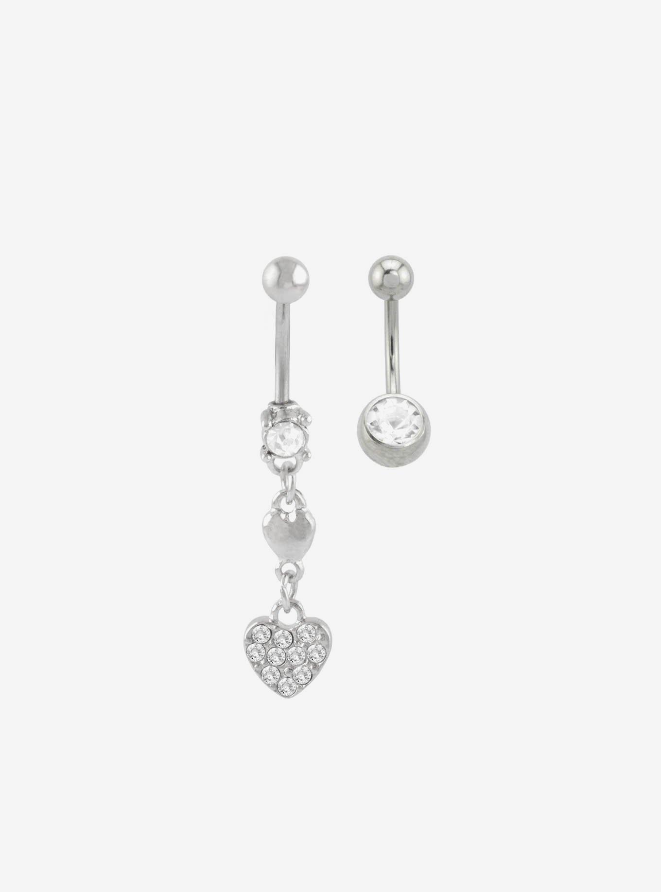 Steel Silver Heart & Gem Navel Barbell 2 Pack, , hi-res