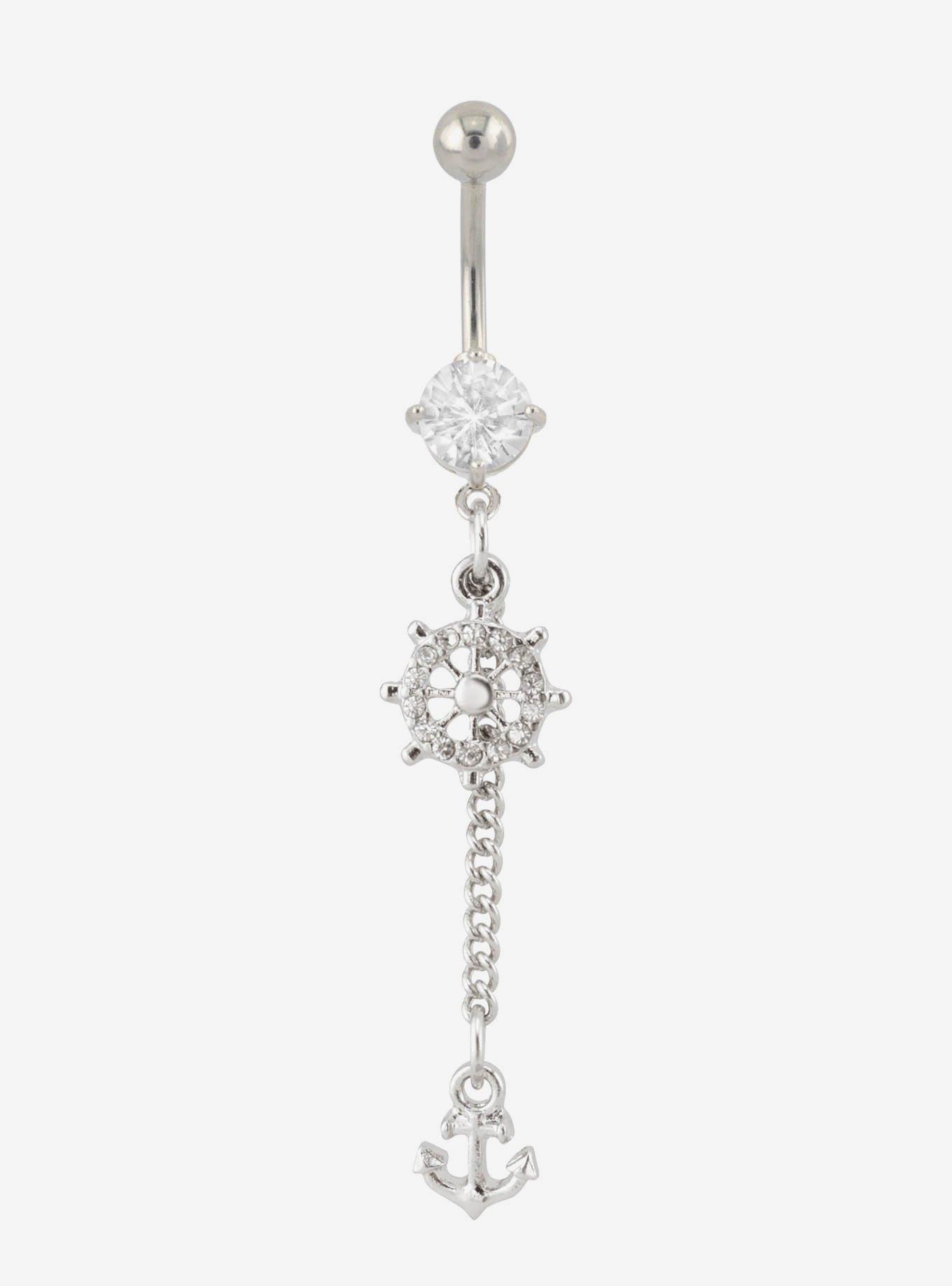 Steel Silver Nautical Dangle Navel Barbell, , hi-res