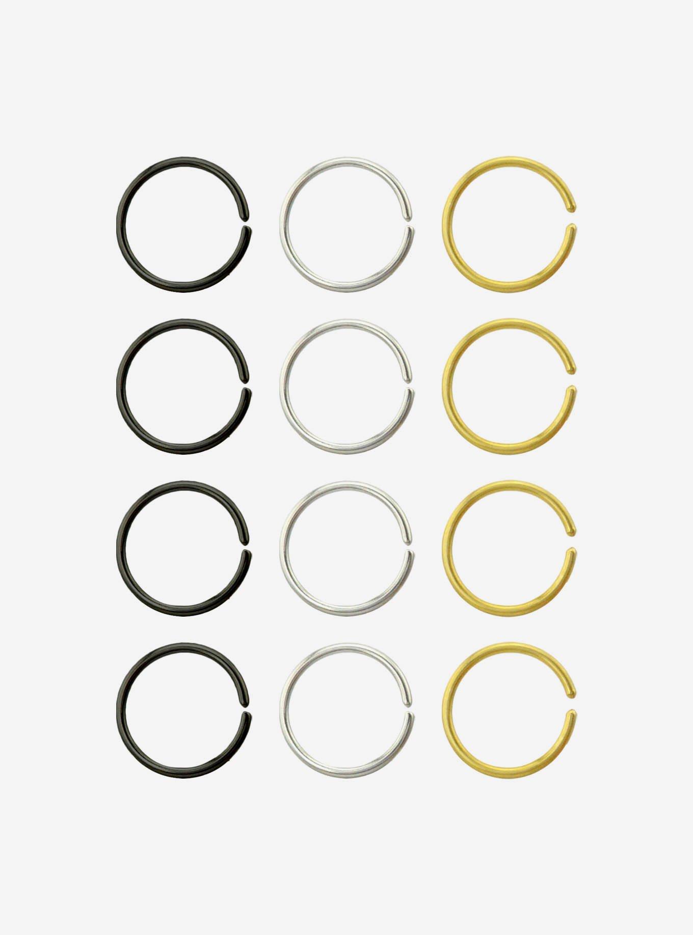 Steel Black Silver & Gold Nose Hoop 12 Pack, , hi-res