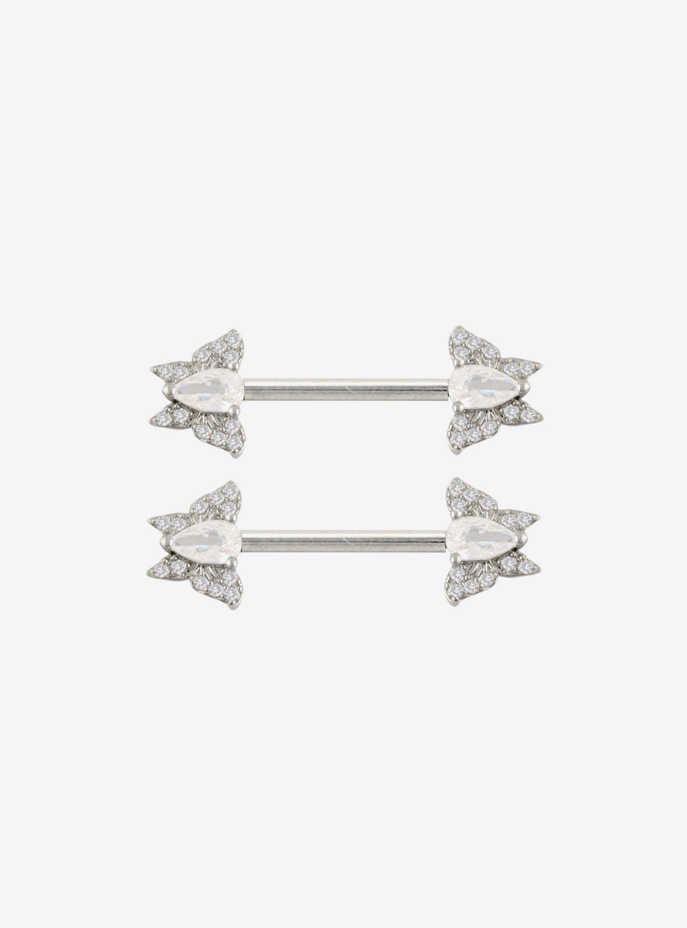 Steel Silver Butterfly Gem Nipple Barbell 2 Pack, , hi-res