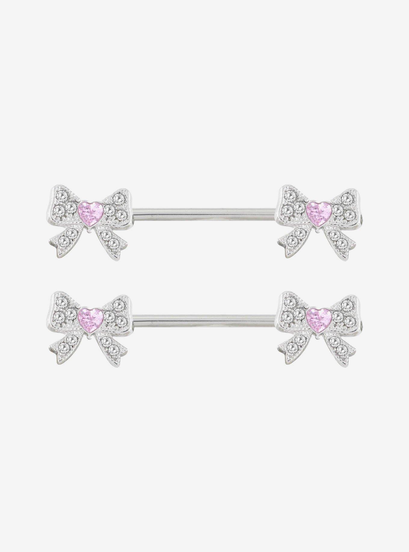 Steel Silver Heart Bow Nipple Barbell 2 Pack, , hi-res