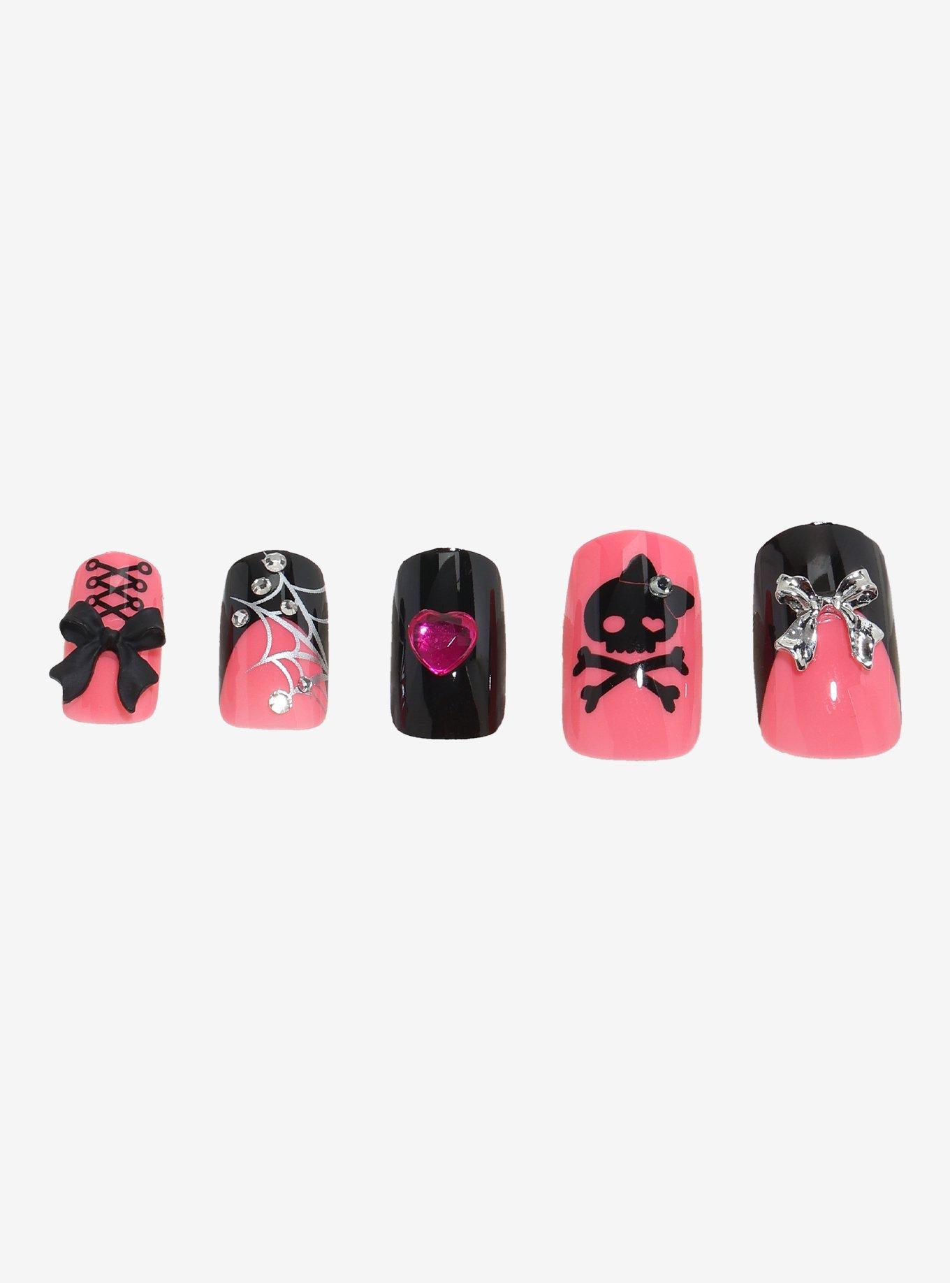 Blackheart Pink & Black Skull Press-On Nail Set, , hi-res