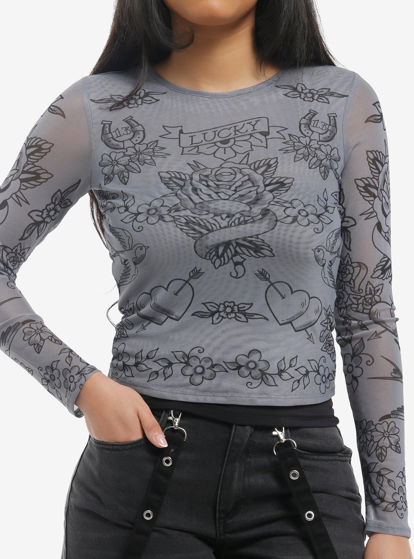 Lucky Tattoo Mesh Girls Long-Sleeve Top, , hi-res