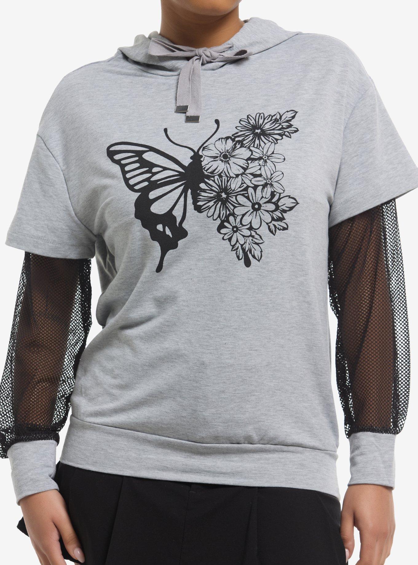 Butterfly Flowers Mesh Girls Twofer Hoodie, , hi-res