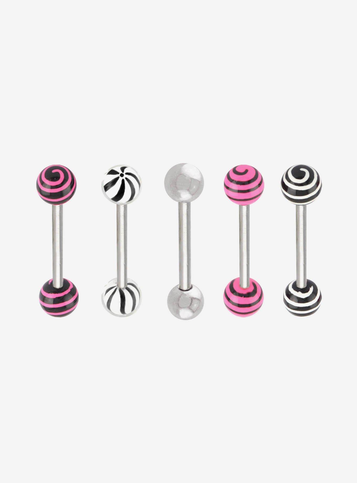 Steel Silver Pink & Black Tongue Barbell 5 Pack, , hi-res