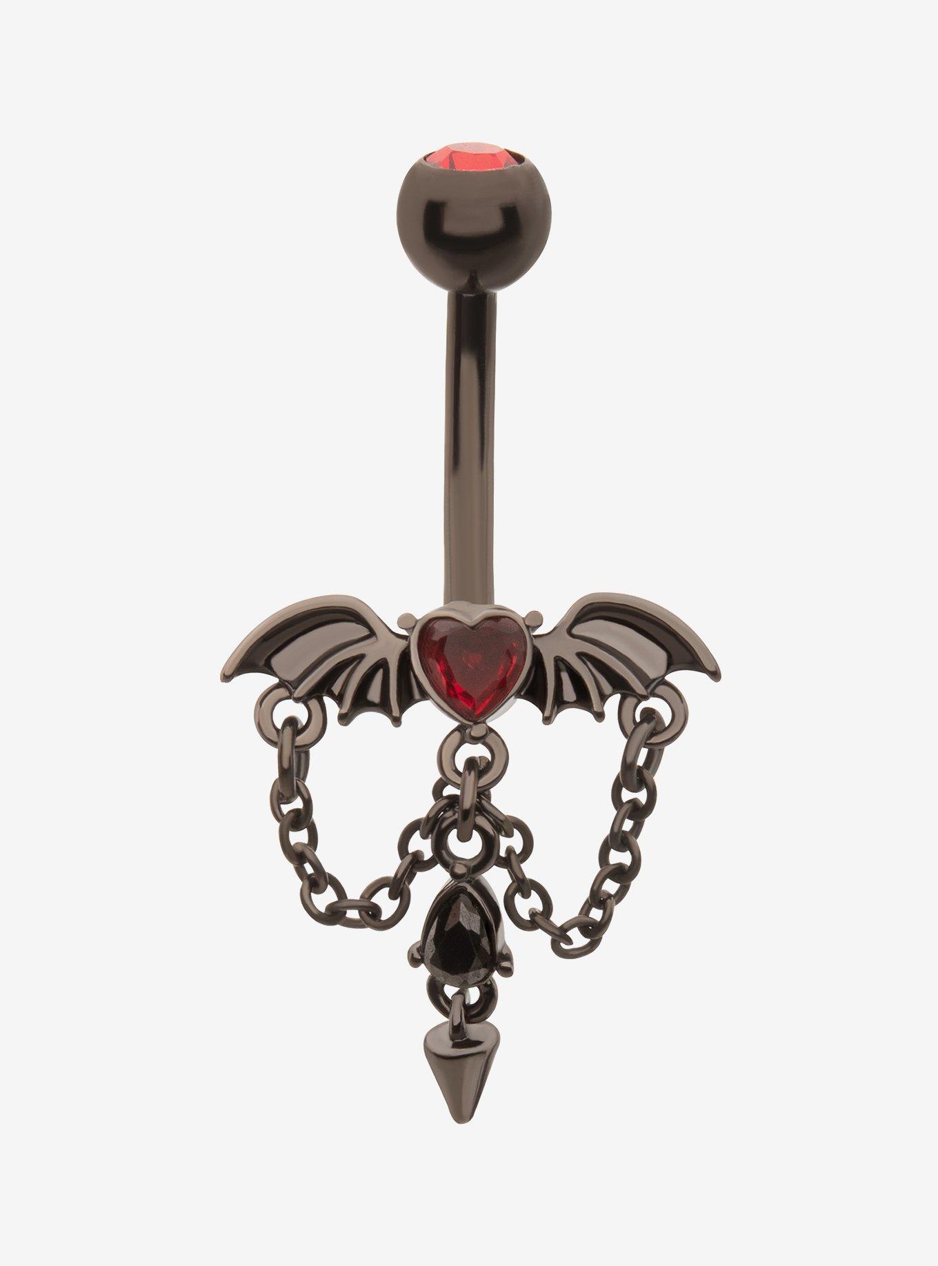 14G Steel Black Winged Heart Navel Barbell, , hi-res