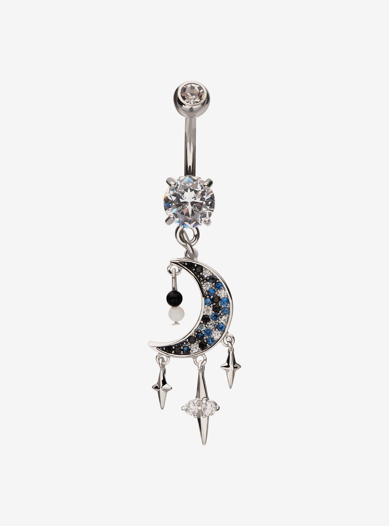 14G Steel Silver Crescent Moon & Starburst Navel Barbell, , hi-res