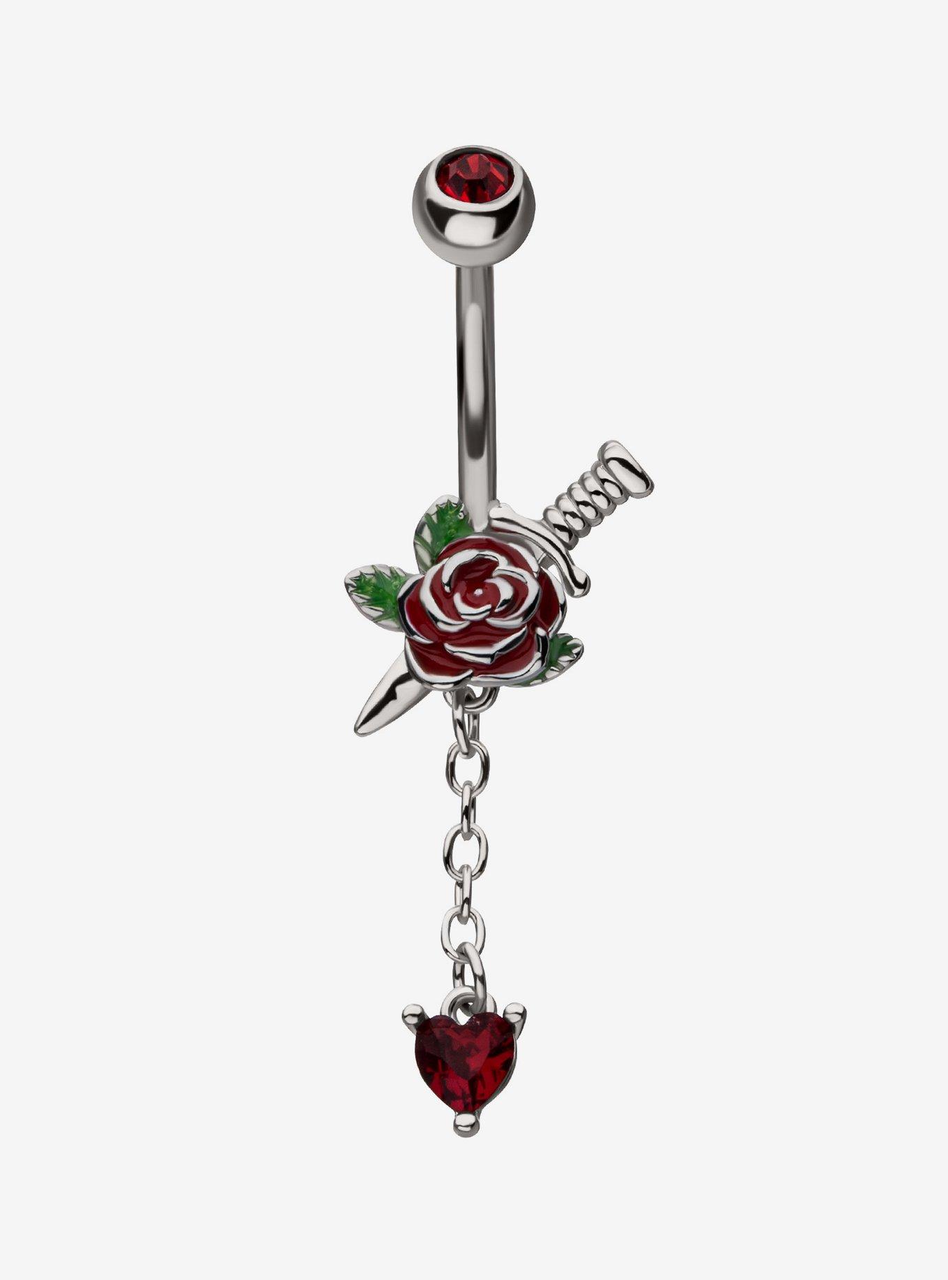 14G Steel Silver Rose & Dagger Navel Barbell, , hi-res