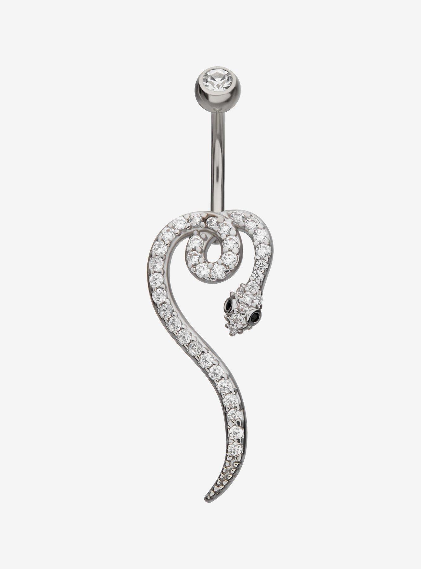 14G Steel Silver Jeweled Snake Navel Barbell, , hi-res
