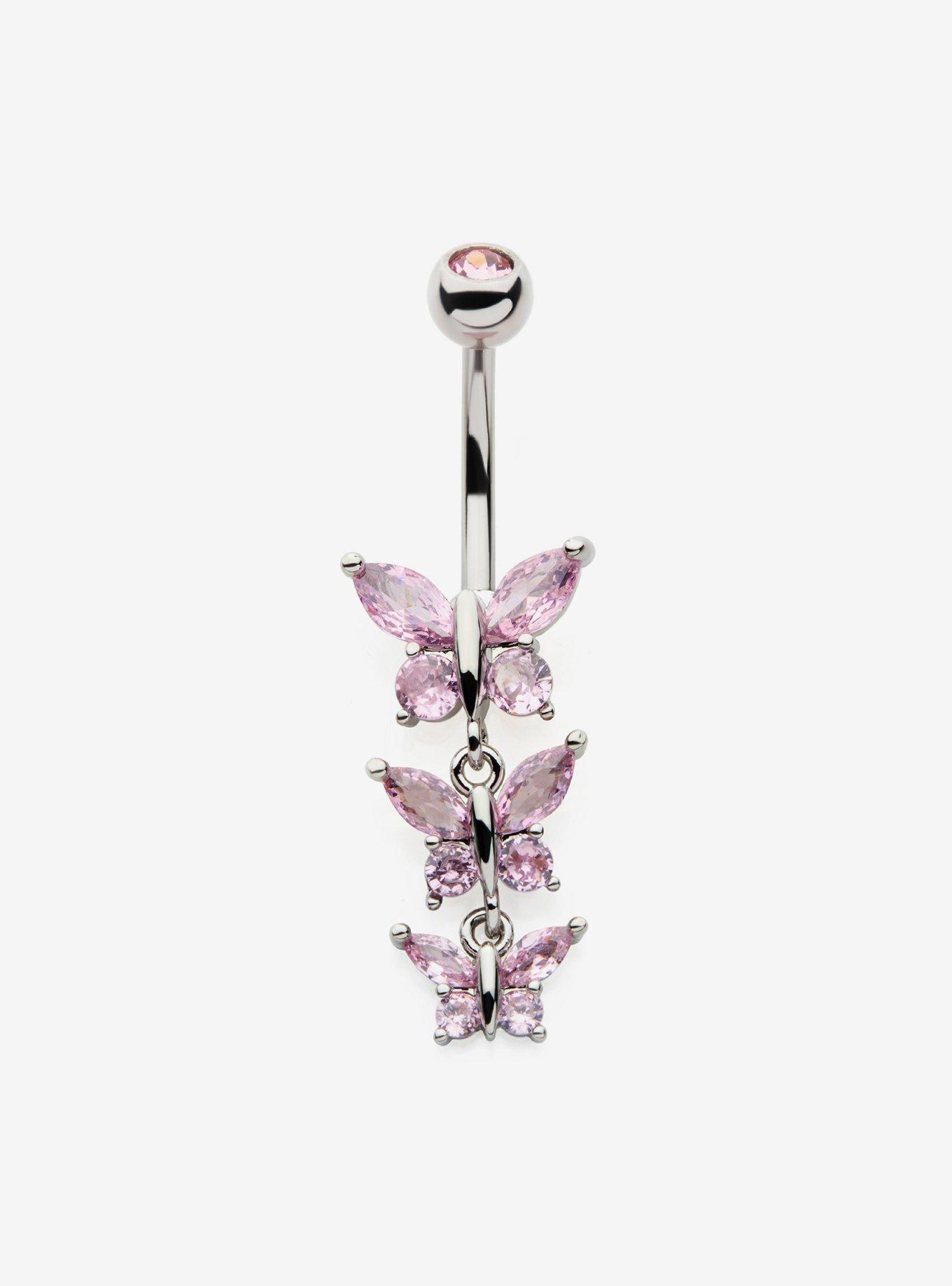 14G Steel Silver Pink Gem Butterfly Navel Barbell, , hi-res