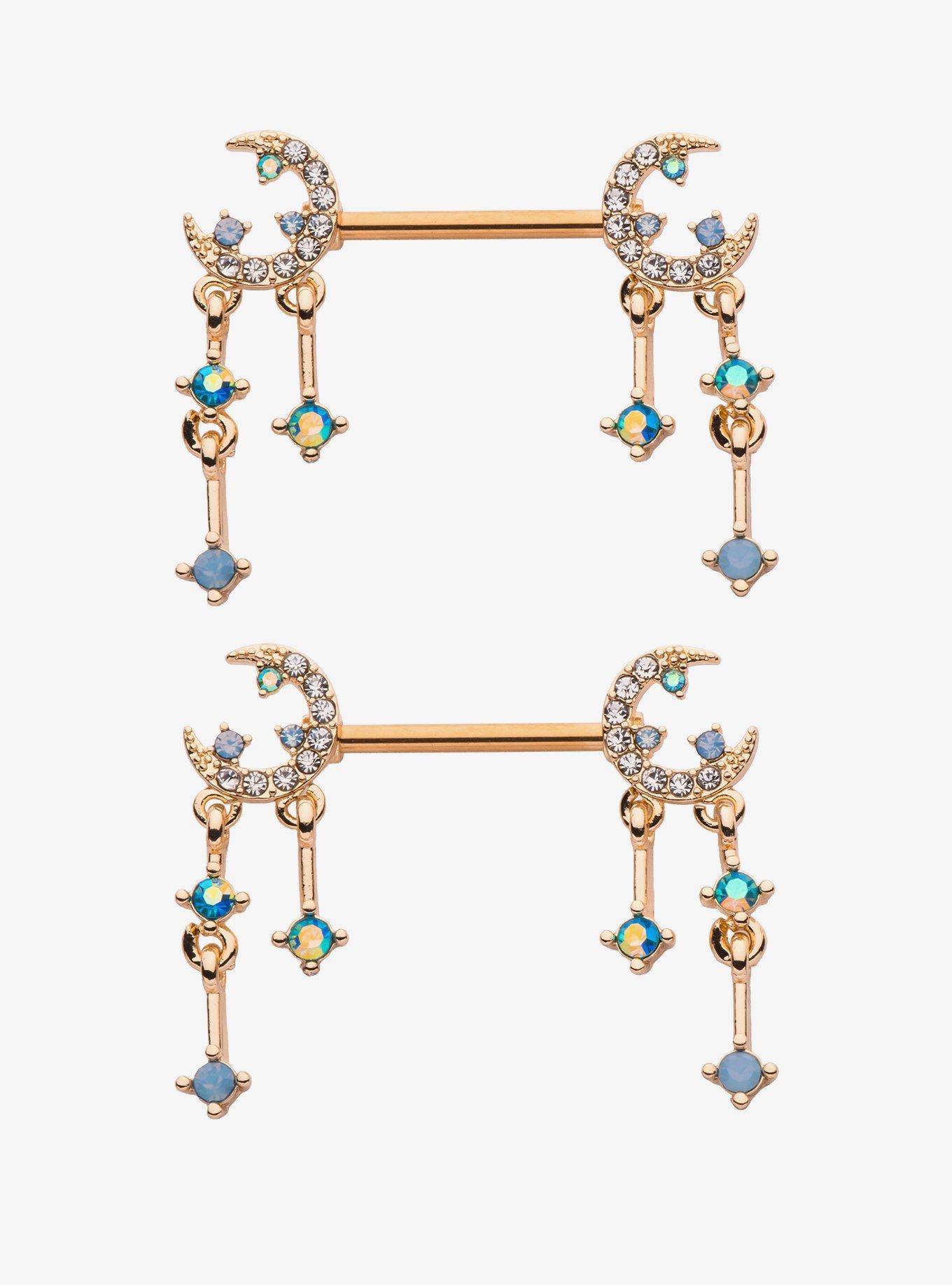 14G Steel Gold Crescent Moon & Gem Nipple Barbell 2 Pack, , hi-res