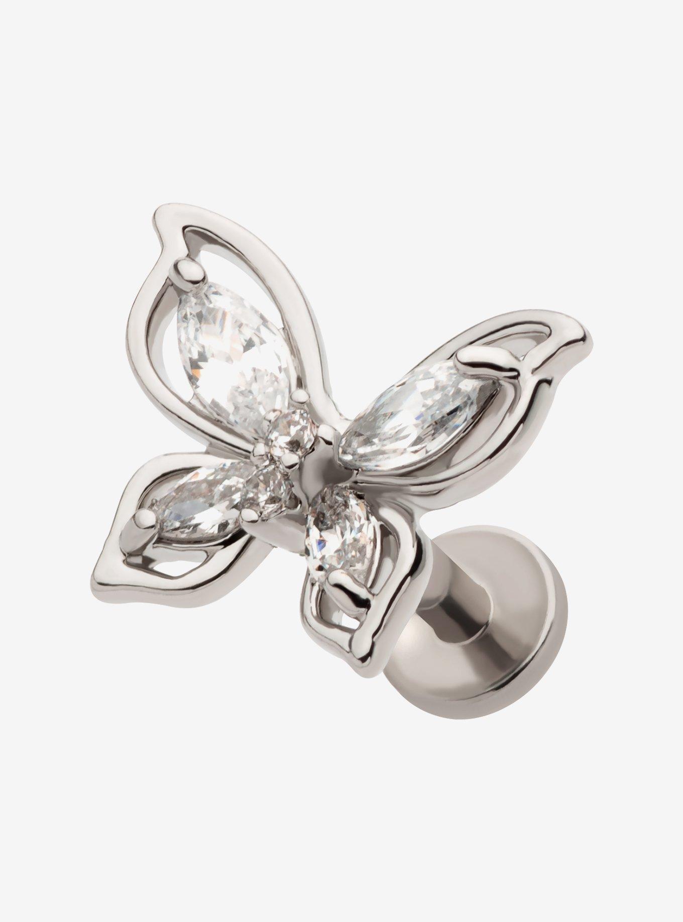18G Steel Silver Butterfly CZ Gem Labret Stud, , hi-res