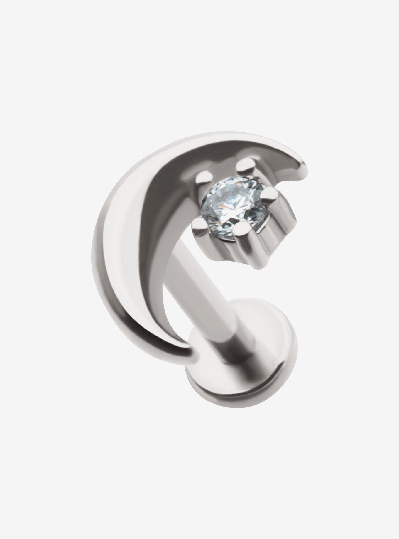 18G Steel Silver Crescent Moon Gem Labret Stud, , hi-res