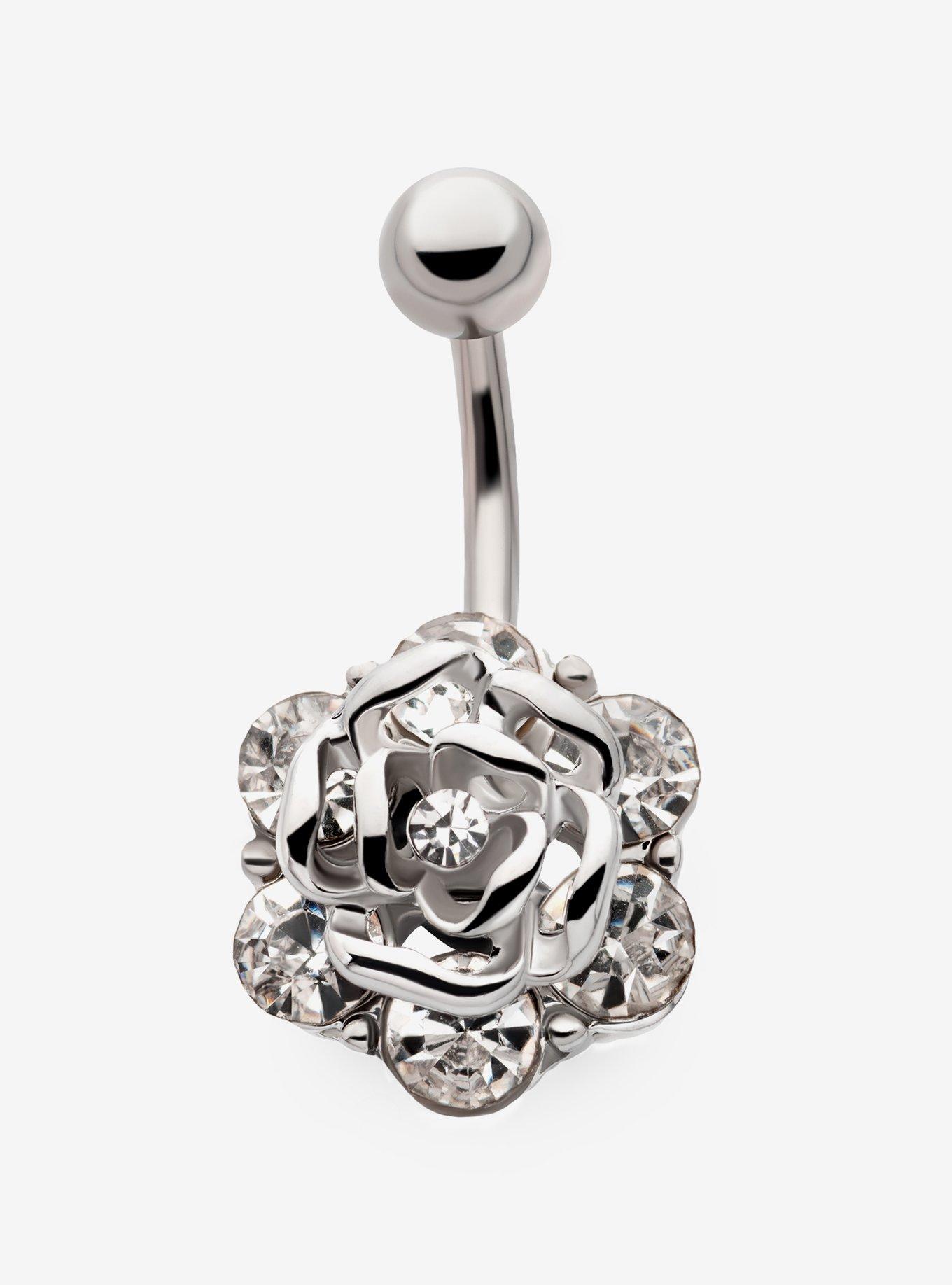14G Steel Silver Rose Navel Barbell, , hi-res