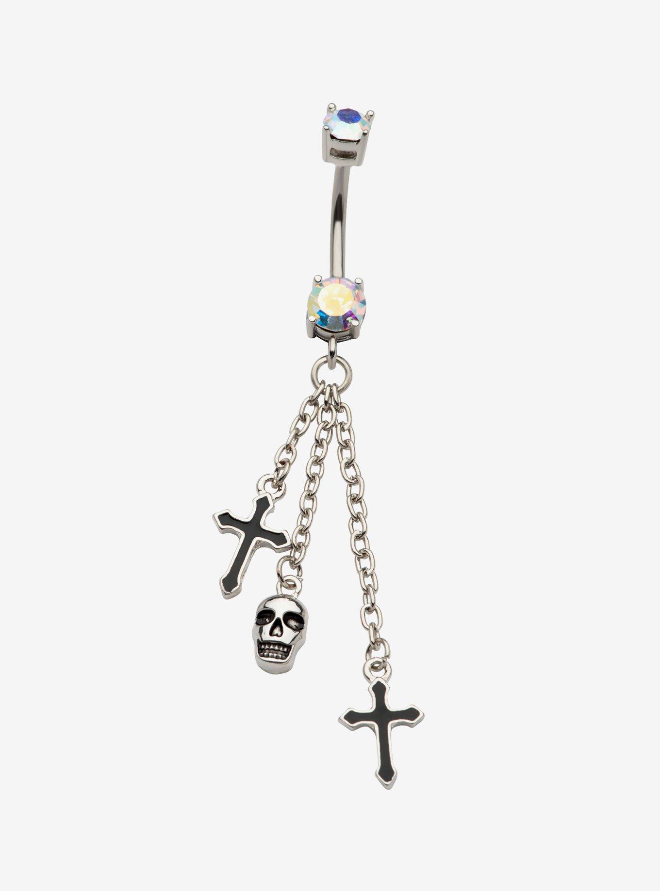 14G Steel Silver Skull & Cross Dangle Navel Barbell, , hi-res