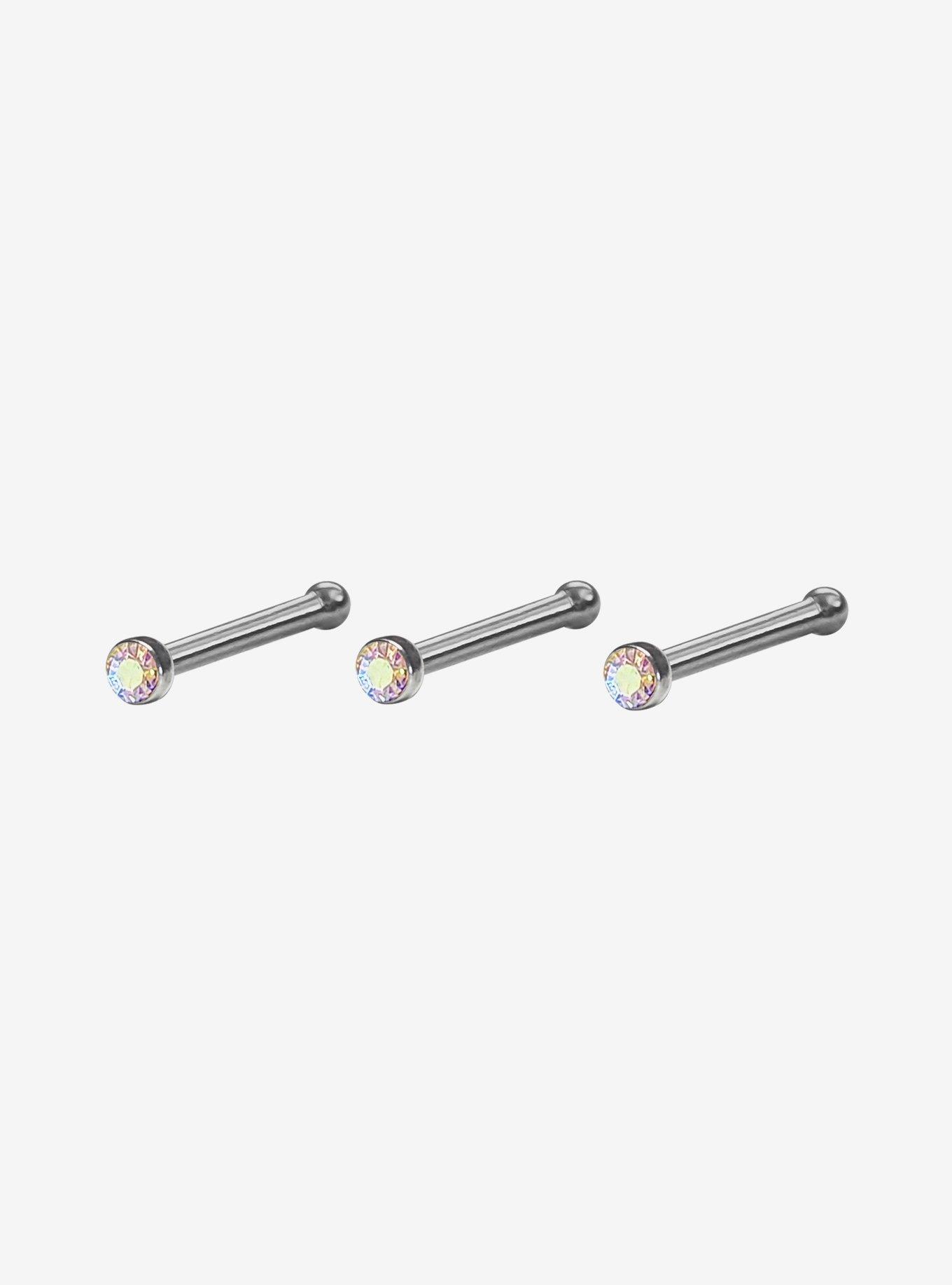 Steel Silver Iridescent Gem Nose Stud 3 Pack, , hi-res