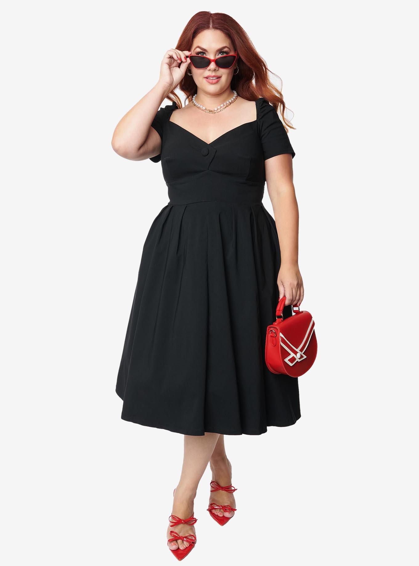 Unique Vintage Plus Size Black Sweetheart Midge Swing Dress, , hi-res