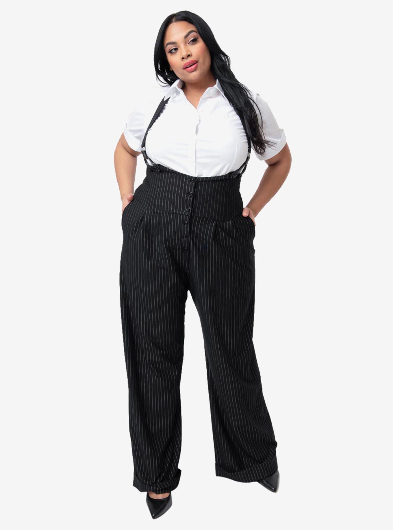 Unique Vintage Plus Size 1930s Black and White Pin Stripe Thelma Suspender Pants, , hi-res