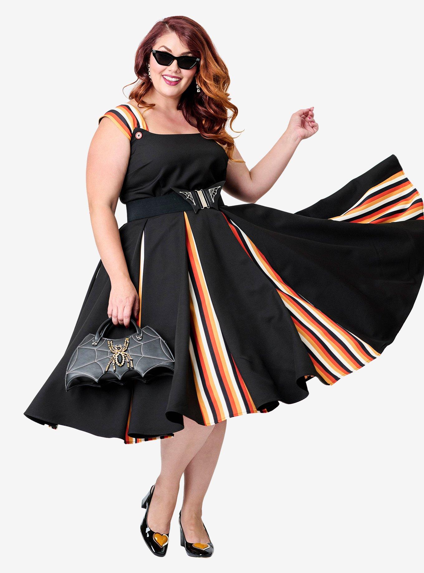 Unique Vintage Plus Size Black Halloween Stripe Swing Dress W/Godets, , hi-res