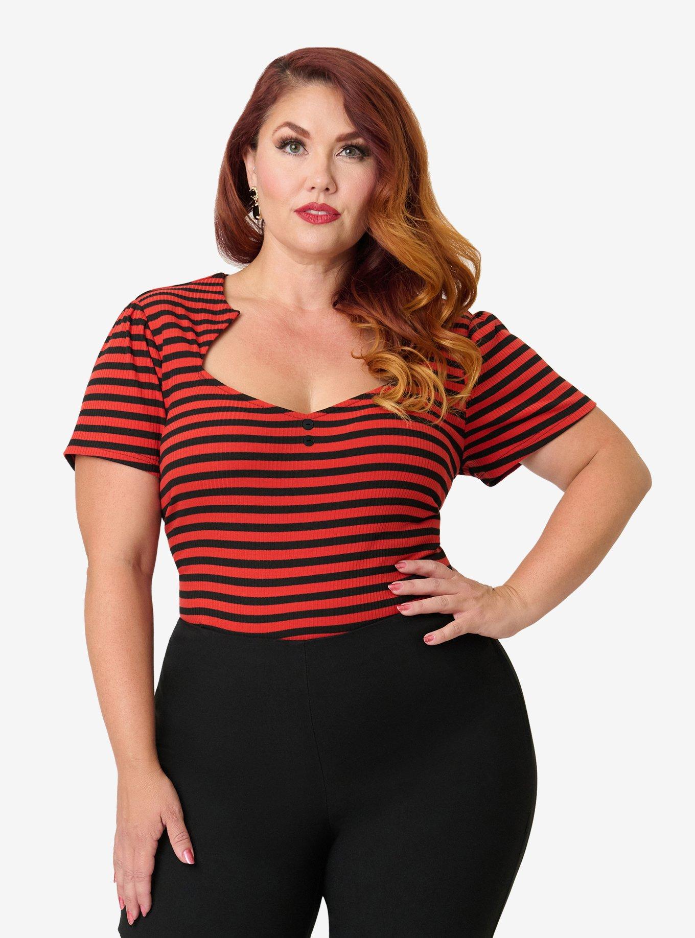 Unique Vintage Plus Size Orange and Black Texture Pentagon Shape Collar Short Sleeve Knit Top, , hi-res