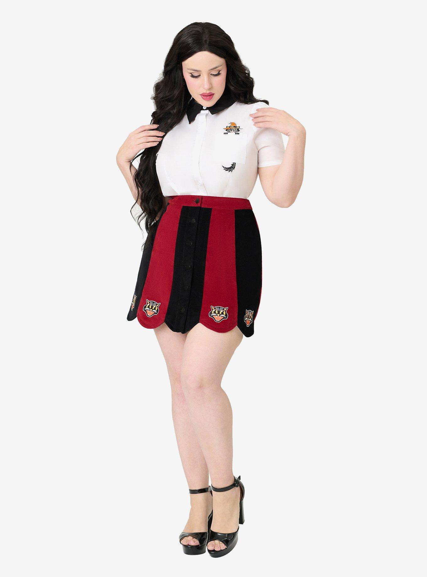 Smak Parlour Burgundy and Black Stripe Spooky Cat Corduroy Mini Skirt, , hi-res
