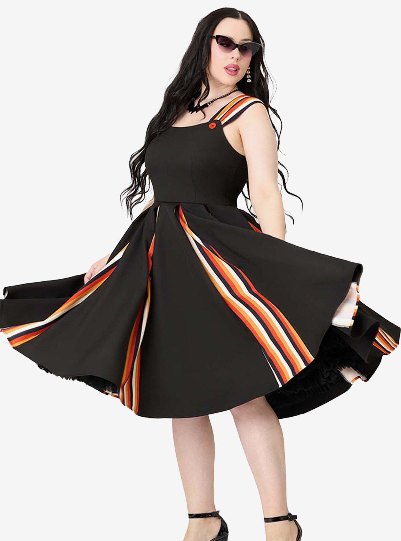 Unique Vintage Black Halloween Stripe Swing Dress W/Godets, , hi-res