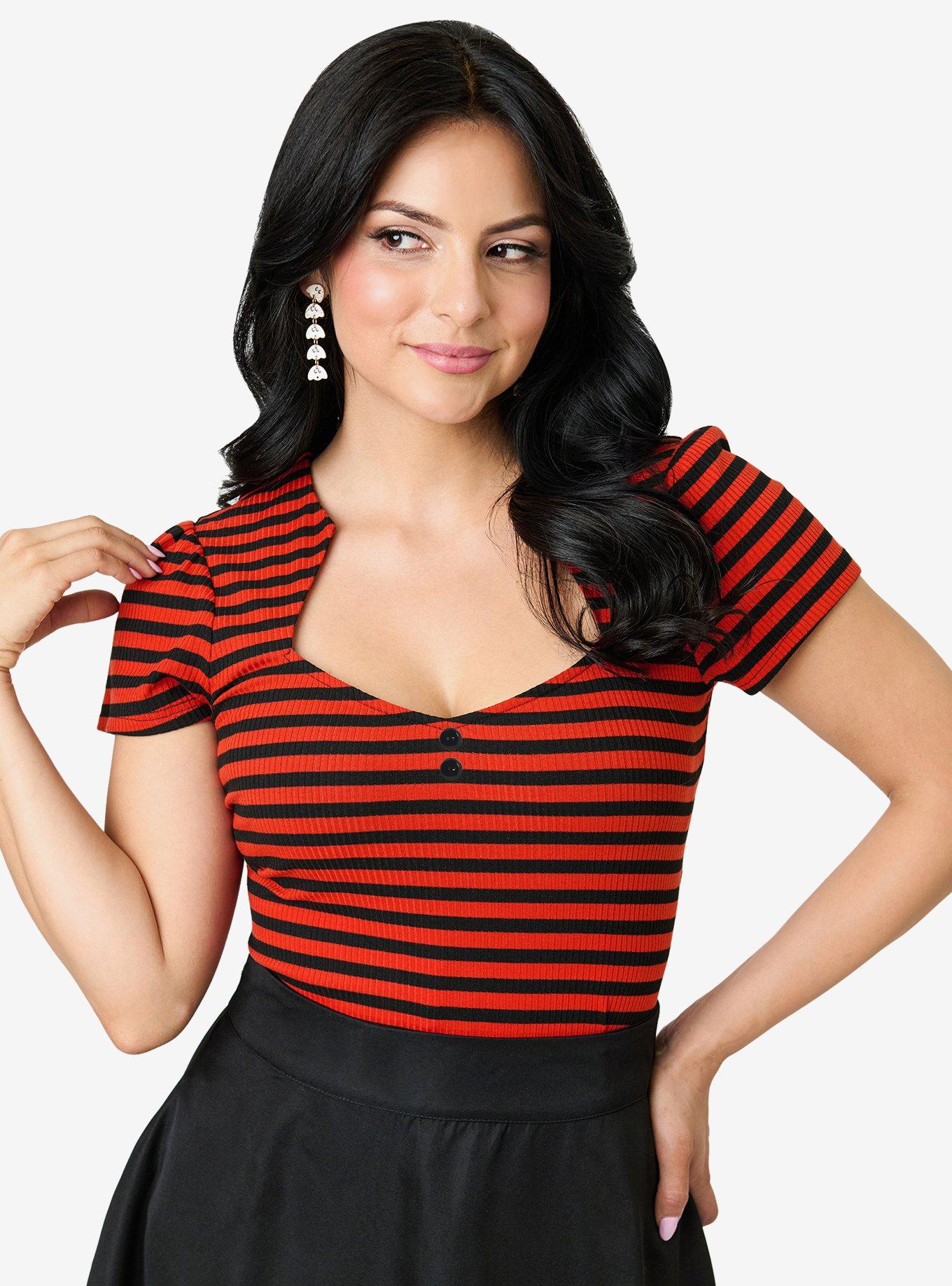 Unique Vintage Orange/Black Texture Pentagon Shape Collar Short Sleeve Knit Top, , hi-res