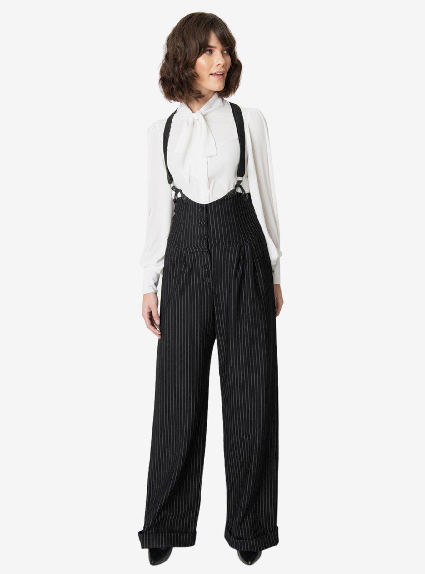 Unique Vintage 1930s Black and White Pin Stripe Thelma Suspender Pants, , hi-res