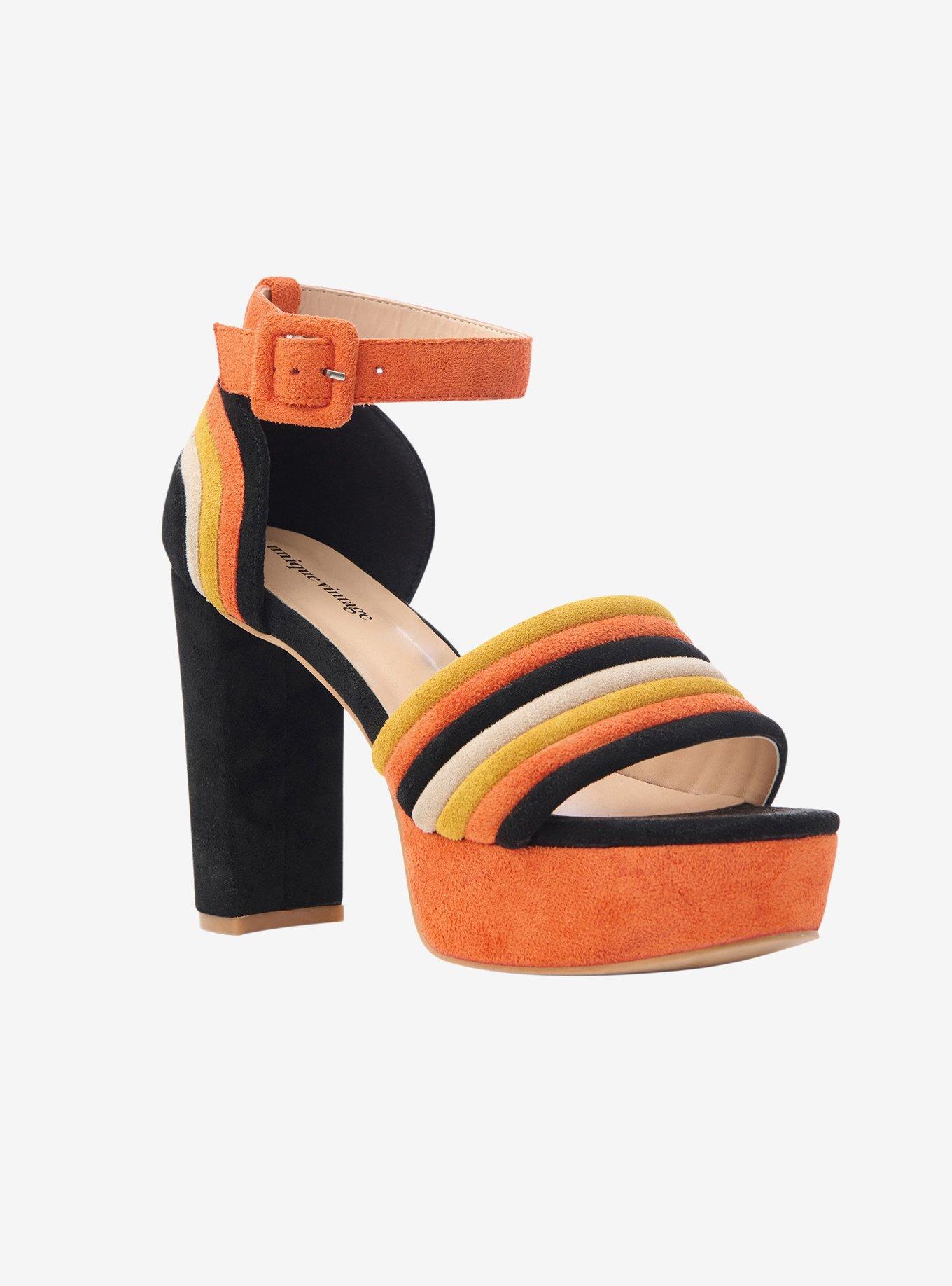 Unique Vintage Candy Corn Stripe Suede Peep Toe Pumps, ORANGE, hi-res
