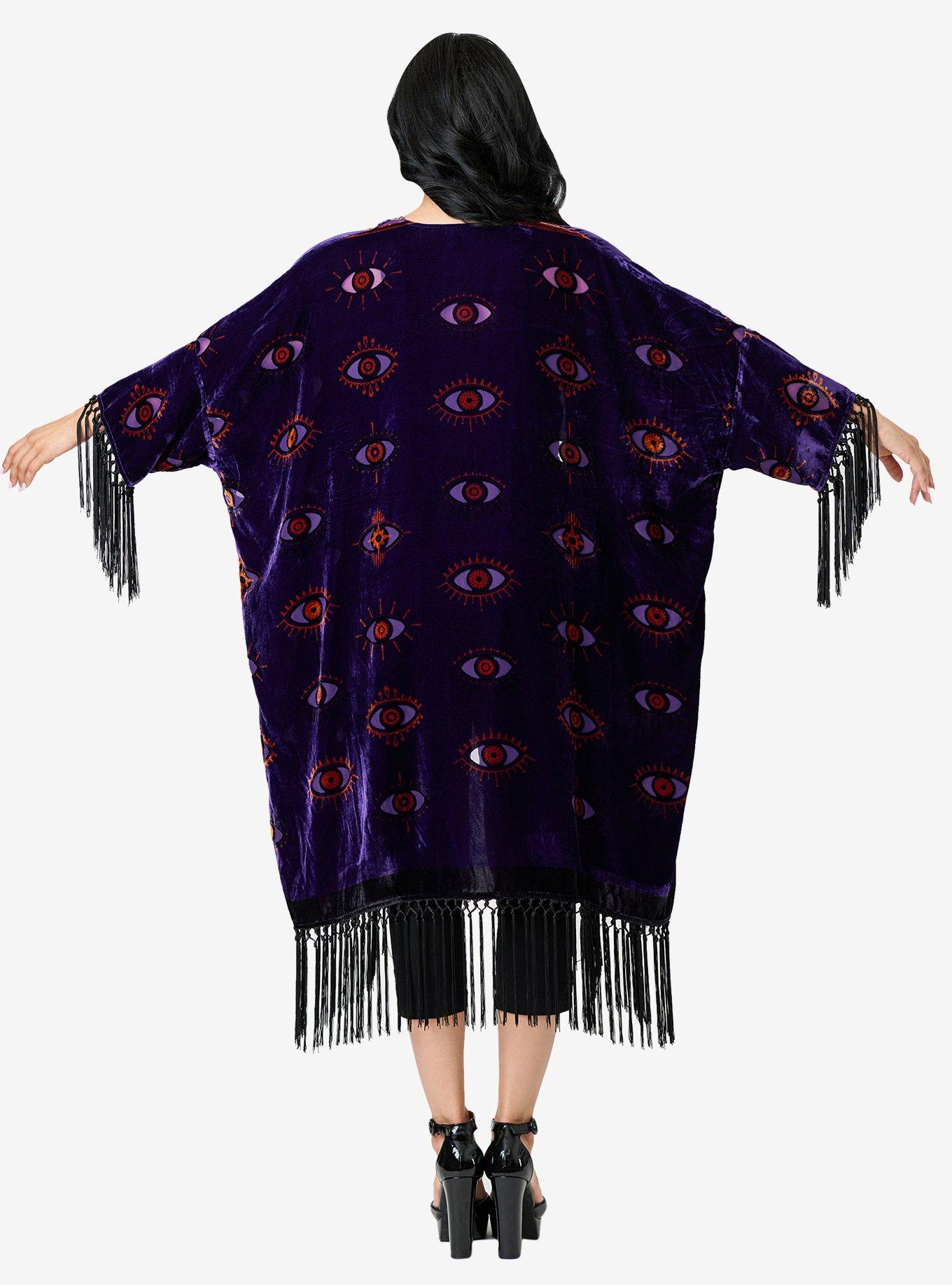 Unique Vintage Evil Eye Burnout Fringe Kimono Duster, , hi-res